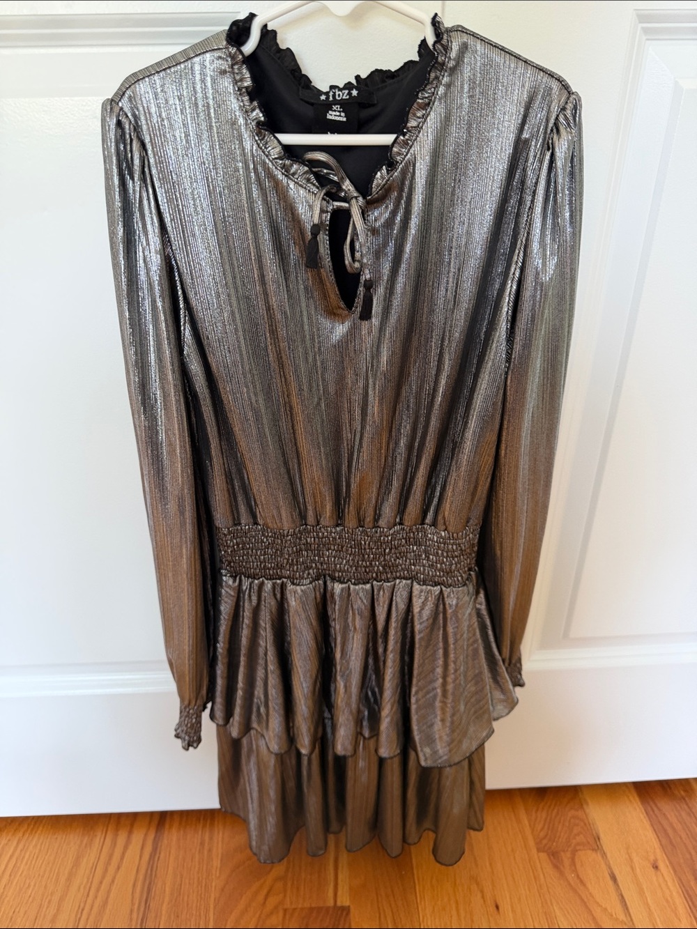 Flowers by Zoe Metallic Silver Tiered Long-Sleeve Dress